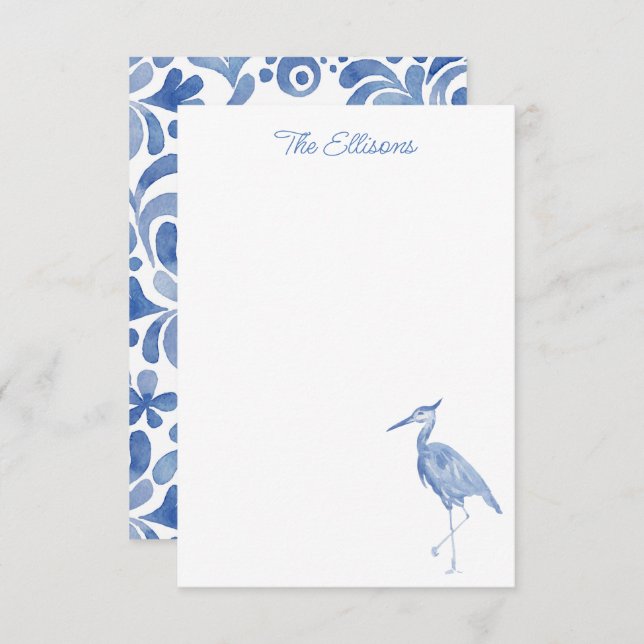 Chinoiserie Watercolor Blue Heron Bird Note Cards (Front/Back)