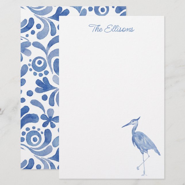 Chinoiserie Watercolor Blue Heron Bird Stationery (Front/Back)