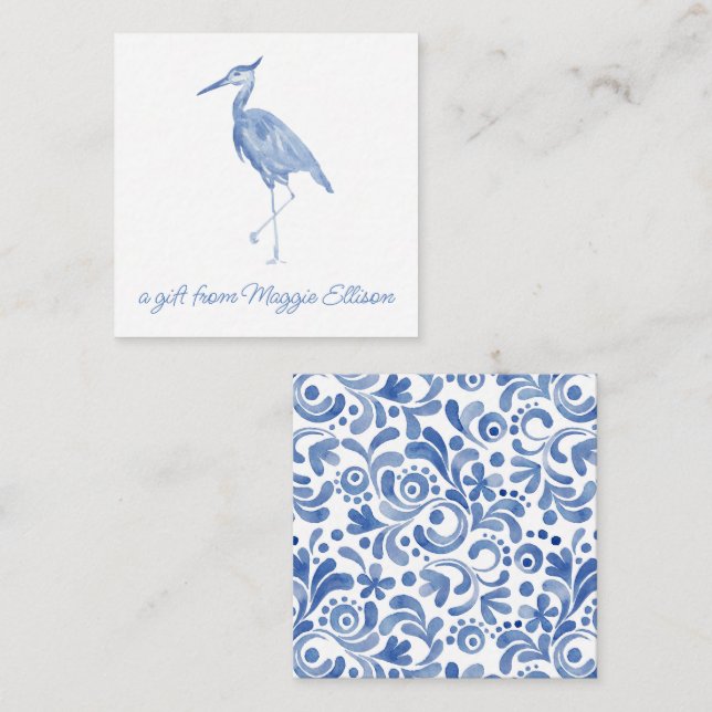 Chinoiserie Watercolor Blue Heron Gift Enclosure Card (Front/Back)