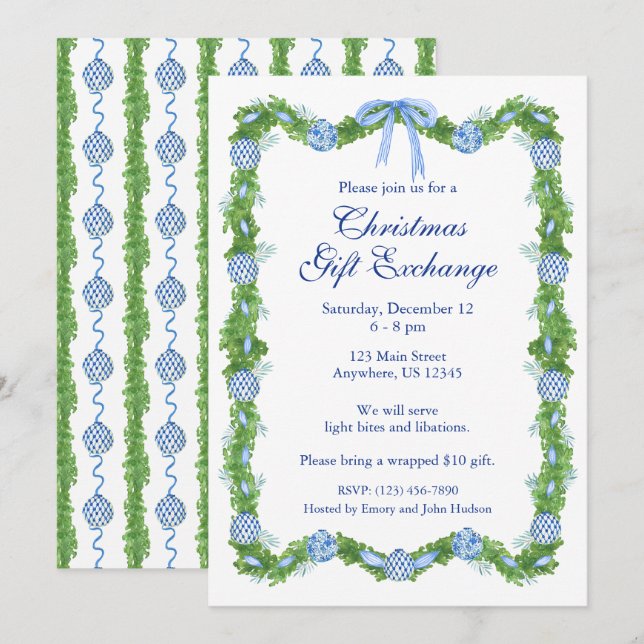 Chinoiserie Watercolor Blue Ornament Garland Party Invitation (Front/Back)