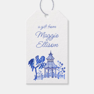 Chinoiserie Watercolor Blue Pagoda Gift Tags