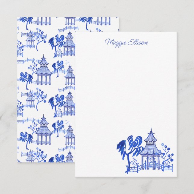 Chinoiserie Watercolor Blue Pagoda Note Cards (Front/Back)
