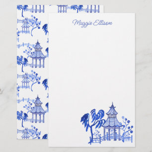 Chinoiserie Watercolor Blue Pagoda Stationery