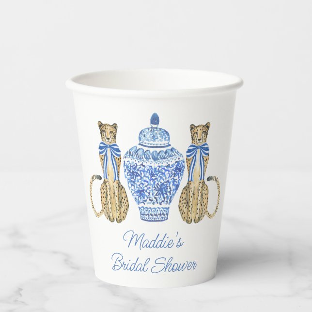 Chinoiserie Watercolor Bow Cheetah Ginger Jar Paper Cups (Front)