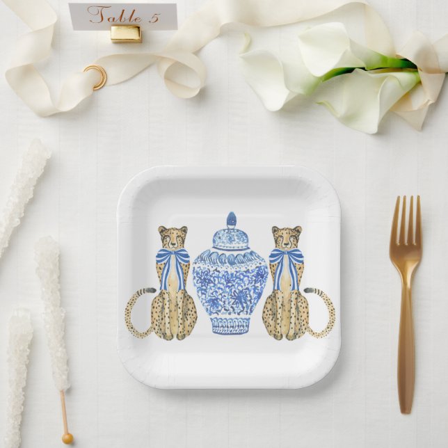 Chinoiserie Watercolor Bow Cheetah Ginger Jar  Paper Plate (Wedding)
