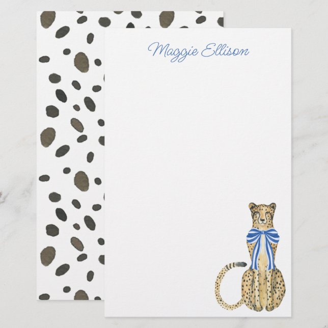 Chinoiserie Watercolor Bow Cheetah Stationery (Front/Back)
