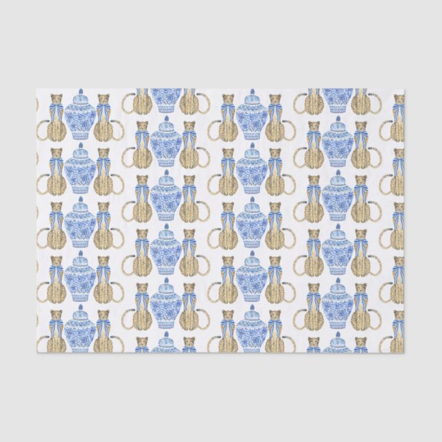 Chinoiserie Watercolor Bow Cheetah Tissue Paper (Front)