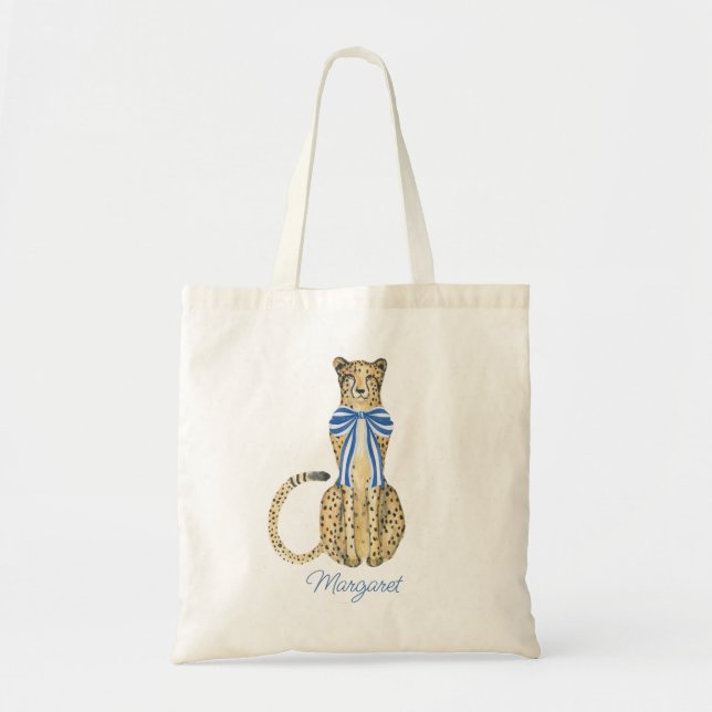 Chinoiserie Watercolor Bow Cheetah Tote Bag (Front)