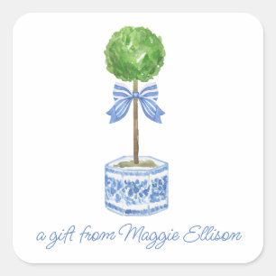 Chinoiserie Watercolor Bow Topiary Gift  Square Sticker