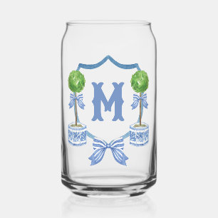 Chinoiserie Watercolor Bow Topiary Monogram Crest Can Glass