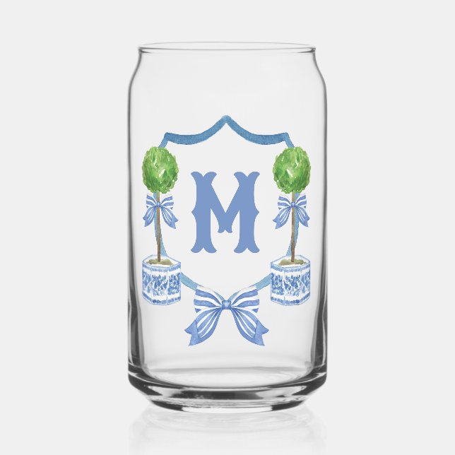 Chinoiserie Watercolor Bow Topiary Monogram Crest Can Glass (Front)