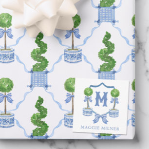 Chinoiserie Watercolor Bow Topiary Monogram Crest Card