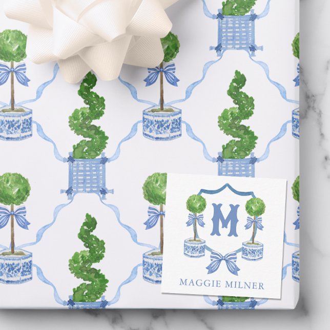 Chinoiserie Watercolor Bow Topiary Monogram Crest Card (Creator Uploaded)