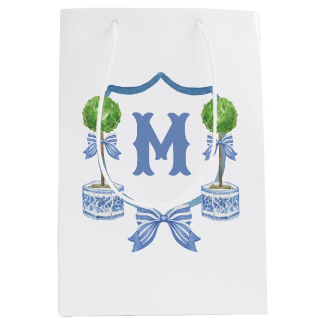Chinoiserie Watercolor Bow Topiary Monogram Crest Medium Gift Bag (Front)