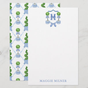 Chinoiserie Watercolor Bow Topiary Monogram Crest Stationery