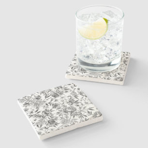 Chinoiserie Watercolor Floral Botanical Painting Stone Coaster