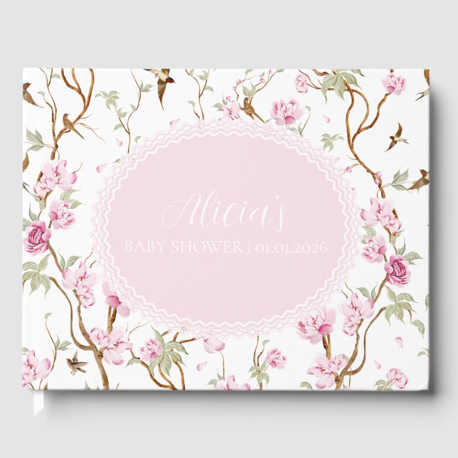 Chinoiserie Watercolor Florals Girl Baby Shower Guest Book (Front)