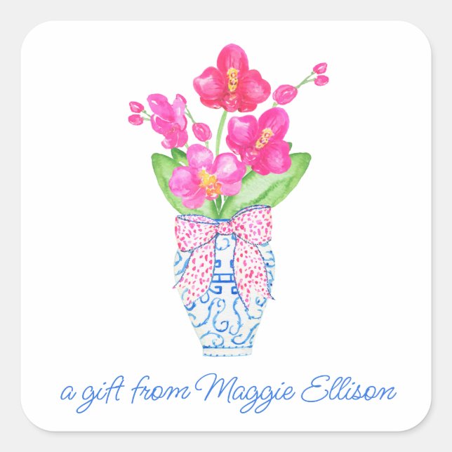 Chinoiserie Watercolor Ginger Jar Orchid Gift Square Sticker (Front)