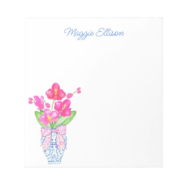 Chinoiserie Watercolor Orchids Ginger Jar Notepad (Front)