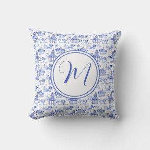 Chinoiserie Watercolor Pagoda Pattern Monogram Cushion