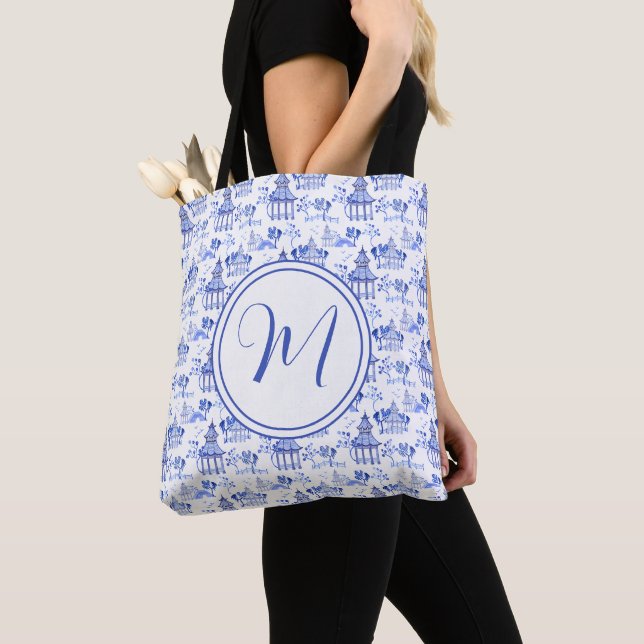 Chinoiserie Watercolor Pagoda Pattern Monogram Tote Bag (Close Up)