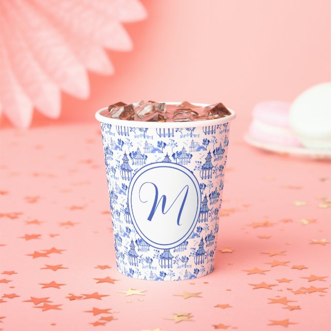 Chinoiserie Watercolor Pagoda Pattern Paper Cups (Insitu)