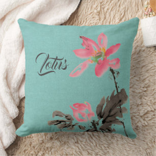 Chinoiserie Watercolor painting Floral Lotus Green Cushion