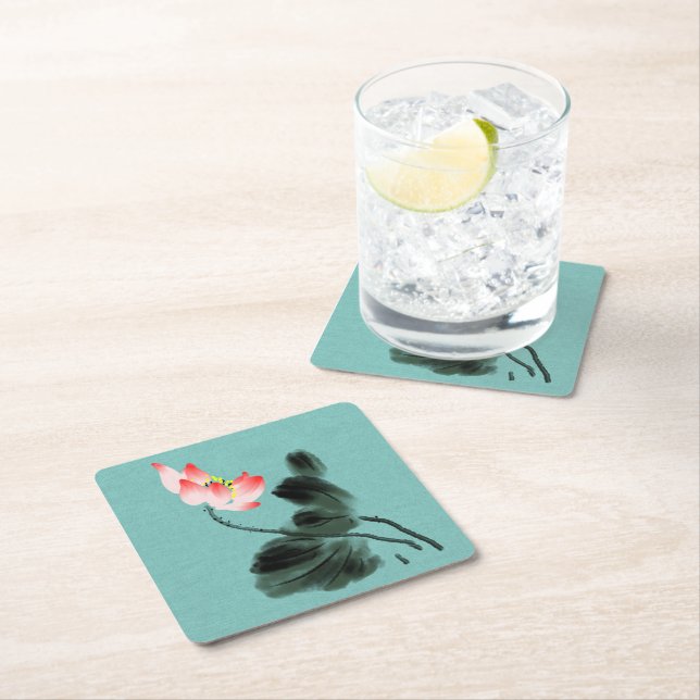 Chinoiserie Watercolor Painting Lotus Floral Square Paper Coaster (Insitu)