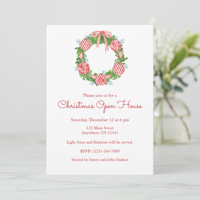 Chinoiserie Watercolor Red Christmas Wreath Invitation (Standing Front)