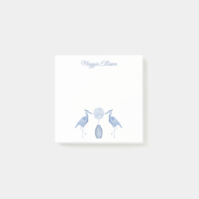 Chinoiserie Watercolor Topiary Blue Heron Post-it Notes (Front)