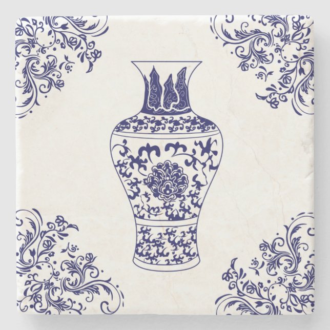 Chinoiserie White and Blue Ginger Jar Stone Coaster (Front)