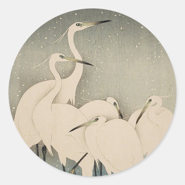 Chinoiserie White Egret Winter Snow Pattern Classic Round Sticker (Front)