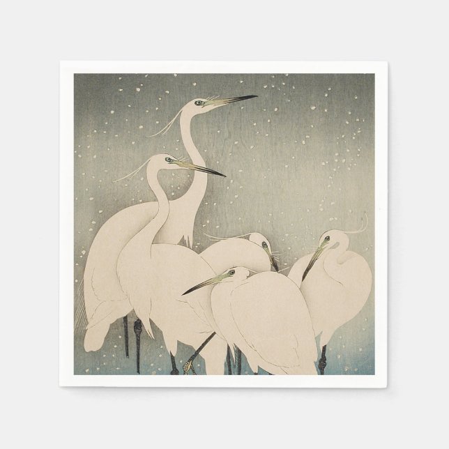 Chinoiserie White Egret Winter Snow Pattern Napkin (Front)
