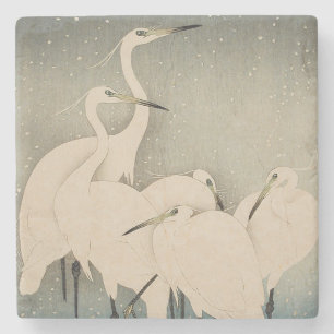 Chinoiserie White Egret Winter Snow Pattern Stone Coaster
