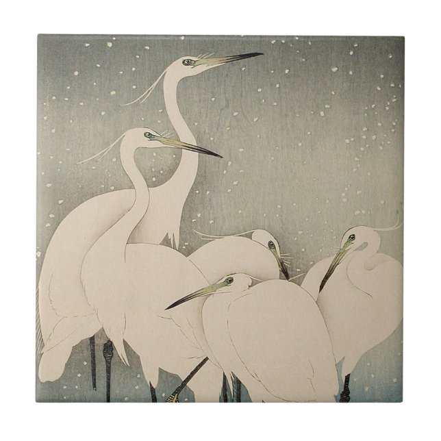 Chinoiserie White Egret Winter Snow Pattern Tile (Front)