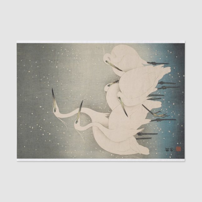 Chinoiserie White Egret Winter Snow Pattern Tissue Paper (Front)