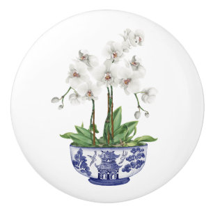 Chinoiserie White Orchid  Ceramic Knob