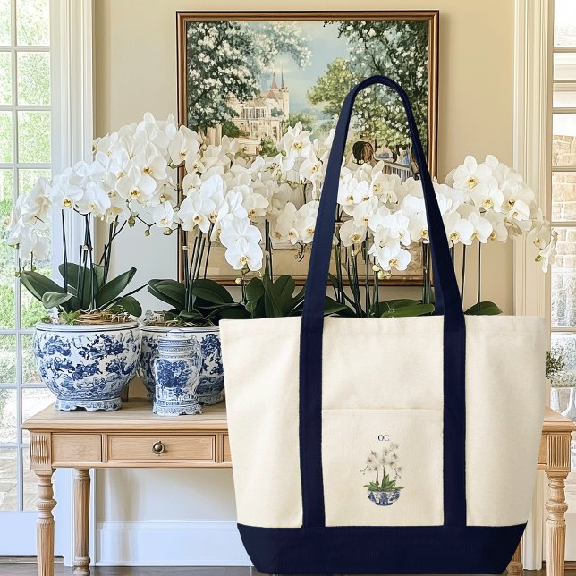 Chinoiserie White Orchid Contrast Trim Boat  Tote Bag (White orchid chinoiserie contrast trim boat tote bag with custom initials or name)