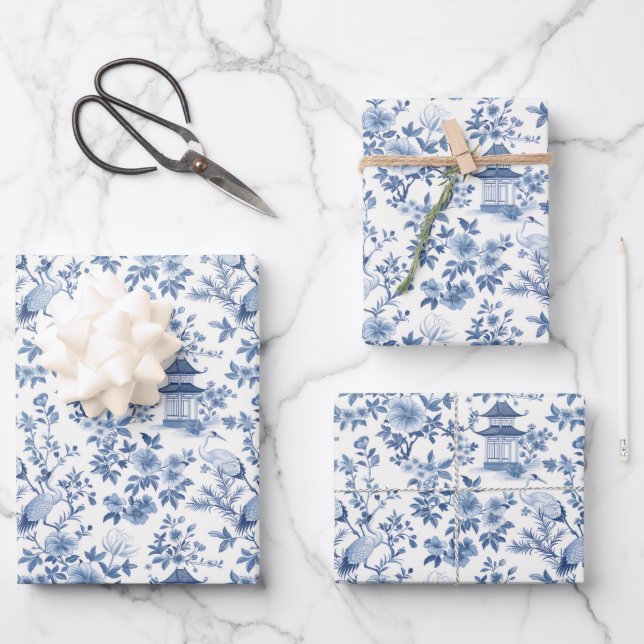 Chinoiserie Wrapping Paper, Blue Floral Gift Wrap (Front)