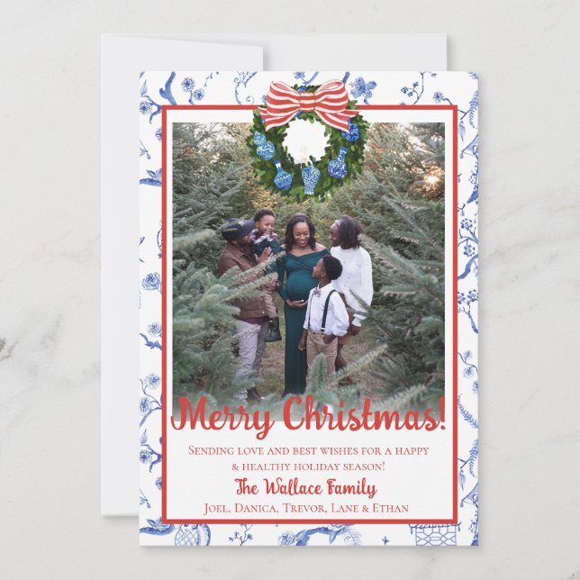 Chinoiserie Wreath, Blue & White Grandmillenial  Holiday Card (Front)
