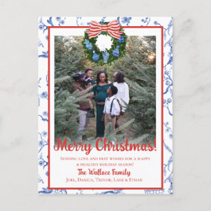 Chinoiserie Wreath, Blue & White Grandmillenial Holiday Postcard
