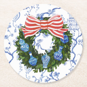 Chinoiserie Wreath, Christmas Ginger Jar, Party Round Paper Coaster