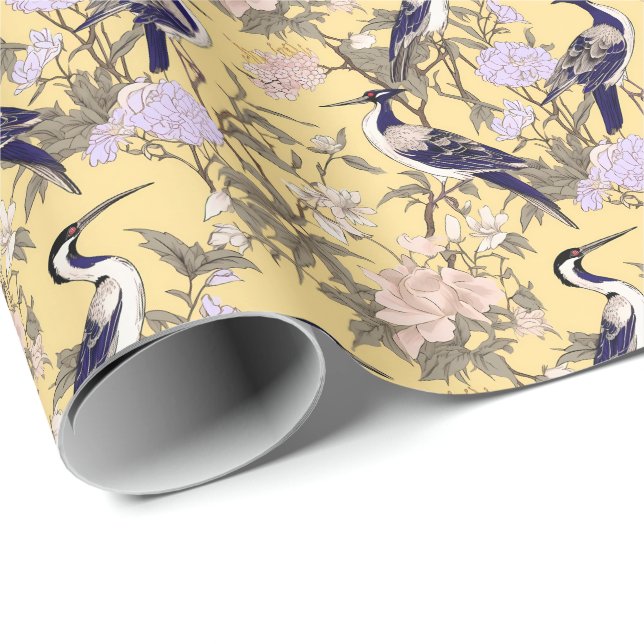 Chinoiserie Yellow Floral Egret Wrapping Paper (Roll Corner)
