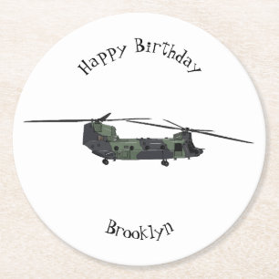 Chinook army helicopter cartoon illustration round paper coaster