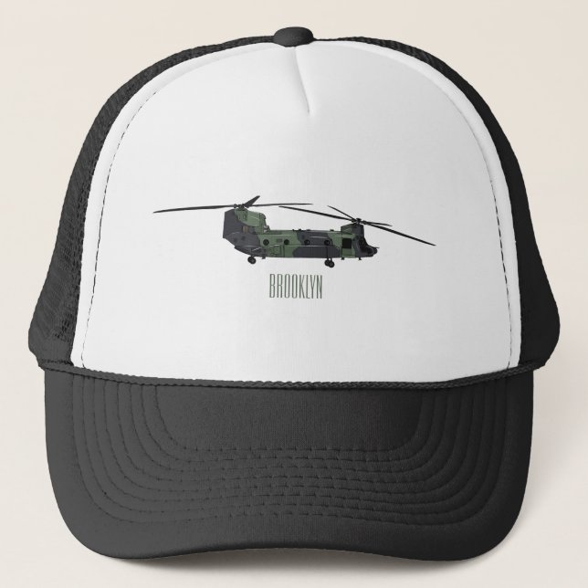 Chinook army helicopter cartoon illustration trucker hat (Front)