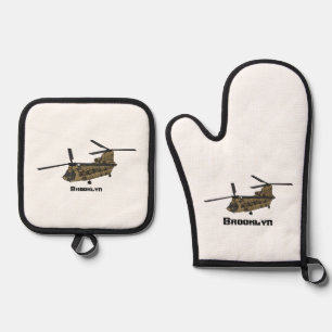 Chinook military helicopter illustration oven mitt & pot holder set
