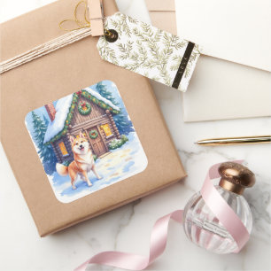 Chinook Rustic Log Cabin Christmas Art Square Sticker