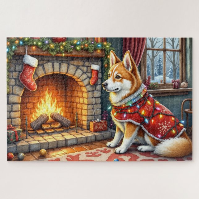 Chinook Sitting by Fireplace with Christmas Lights Jigsaw Puzzle (Horizontal)