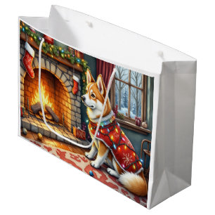 Chinook Sitting by Fireplace with Christmas Lights Large Gift Bag
