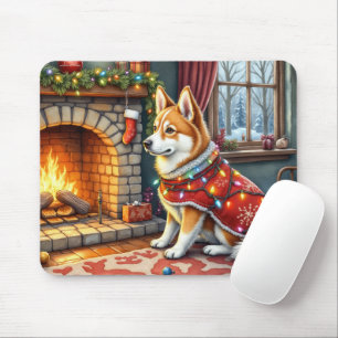 Chinook Sitting by Fireplace with Christmas Lights Mouse Mat